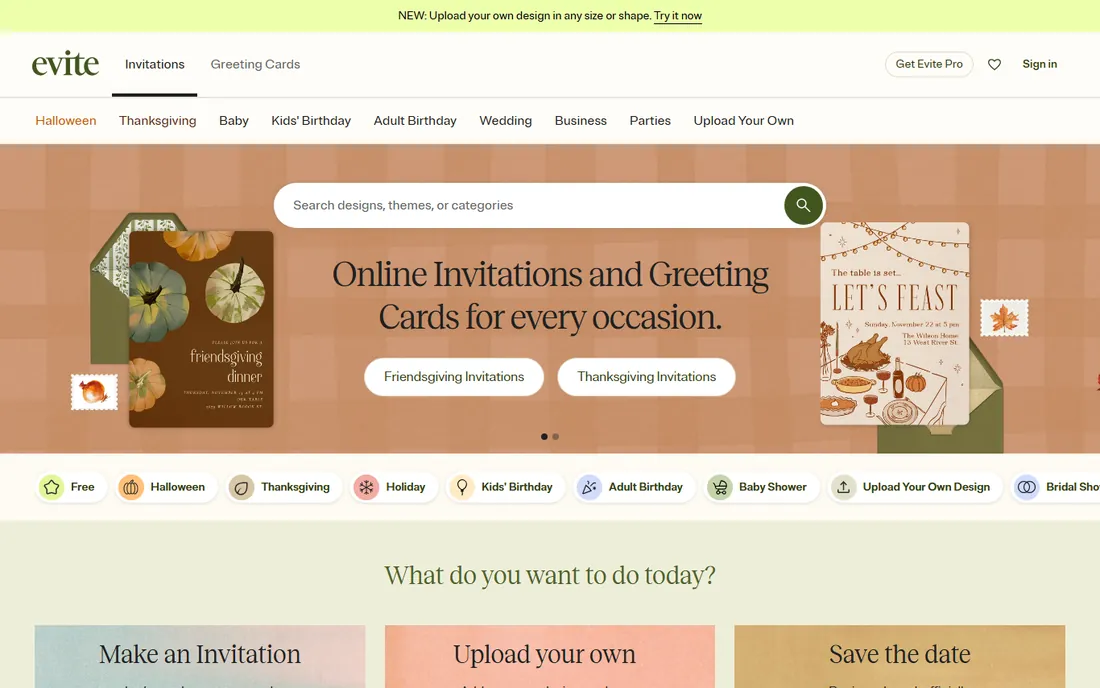 Evite homepage
