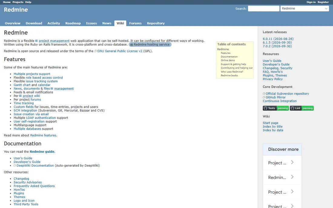 Redmine homepage