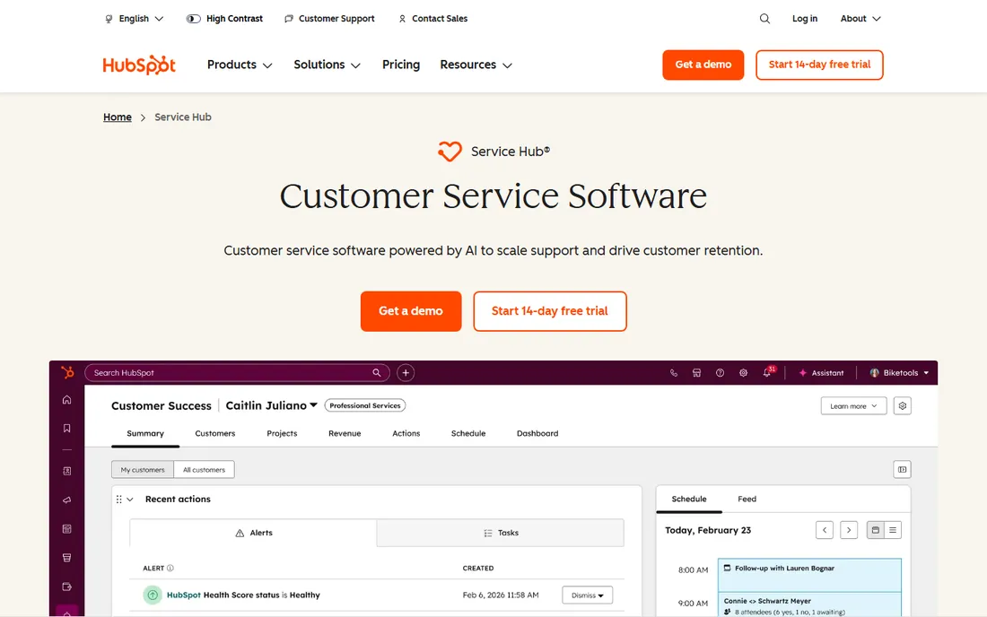 HubSpot Service Hub homepage