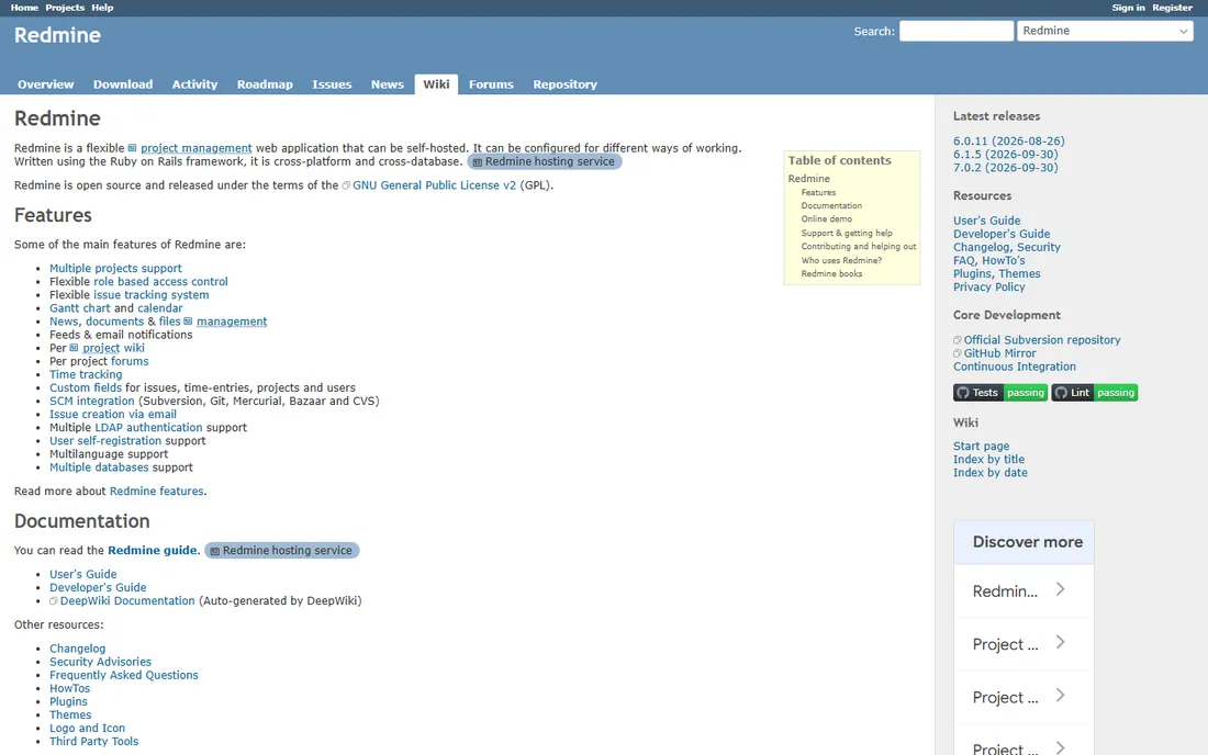 Redmine homepage