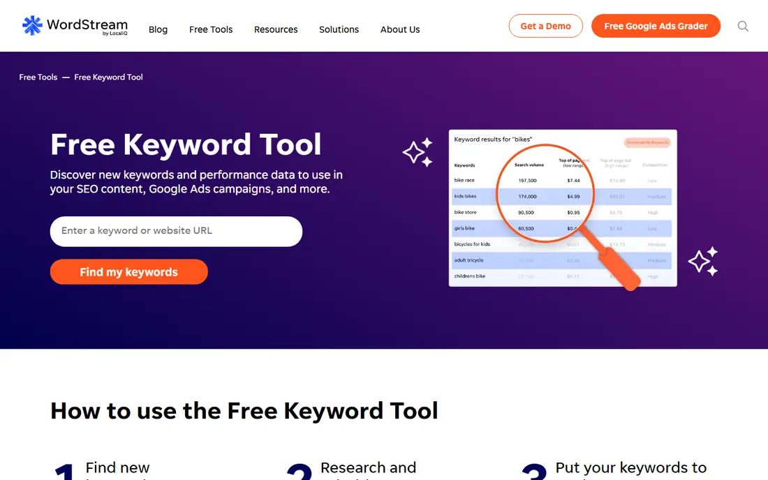 WordStream Free Keyword Tool homepage