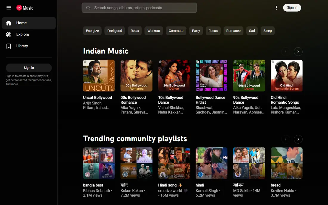 YouTube Music homepage