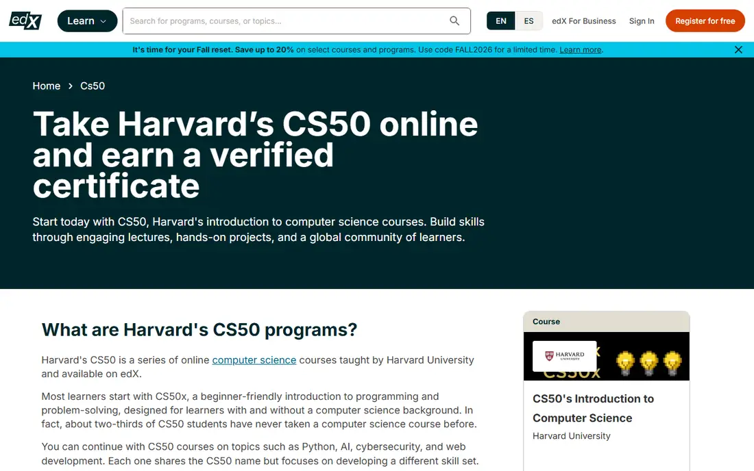 Harvard CS50 homepage