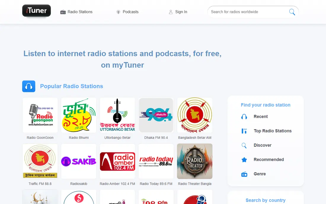 myTuner Radio homepage