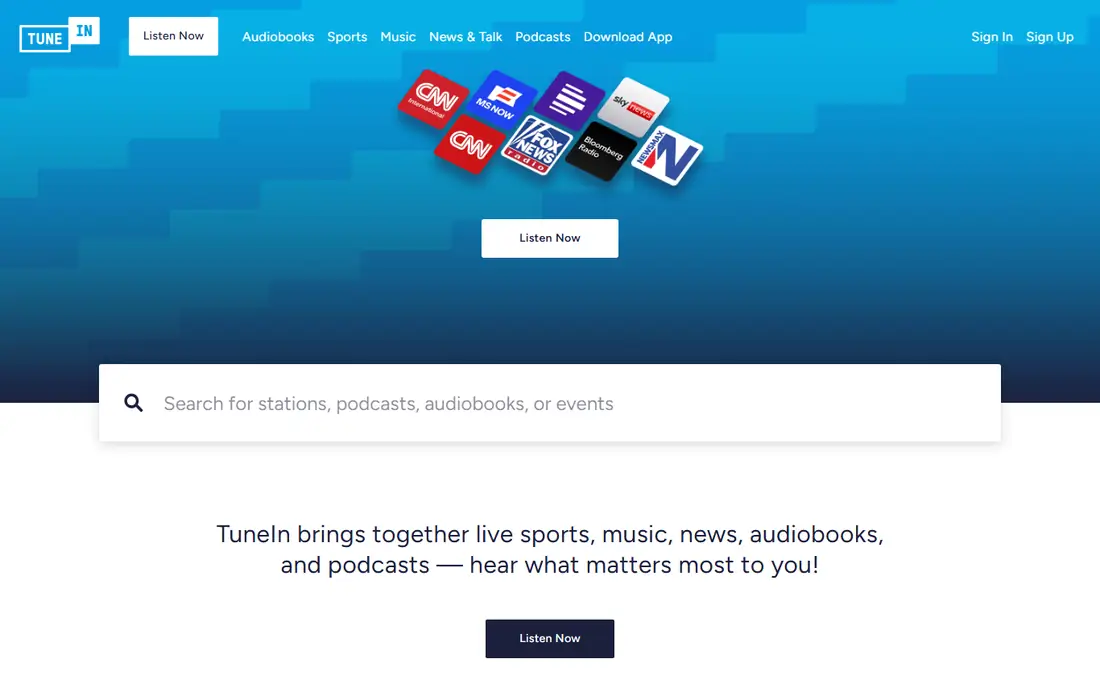 TuneIn Radio homepage
