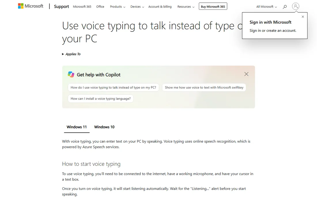 Windows Voice Typing homepage