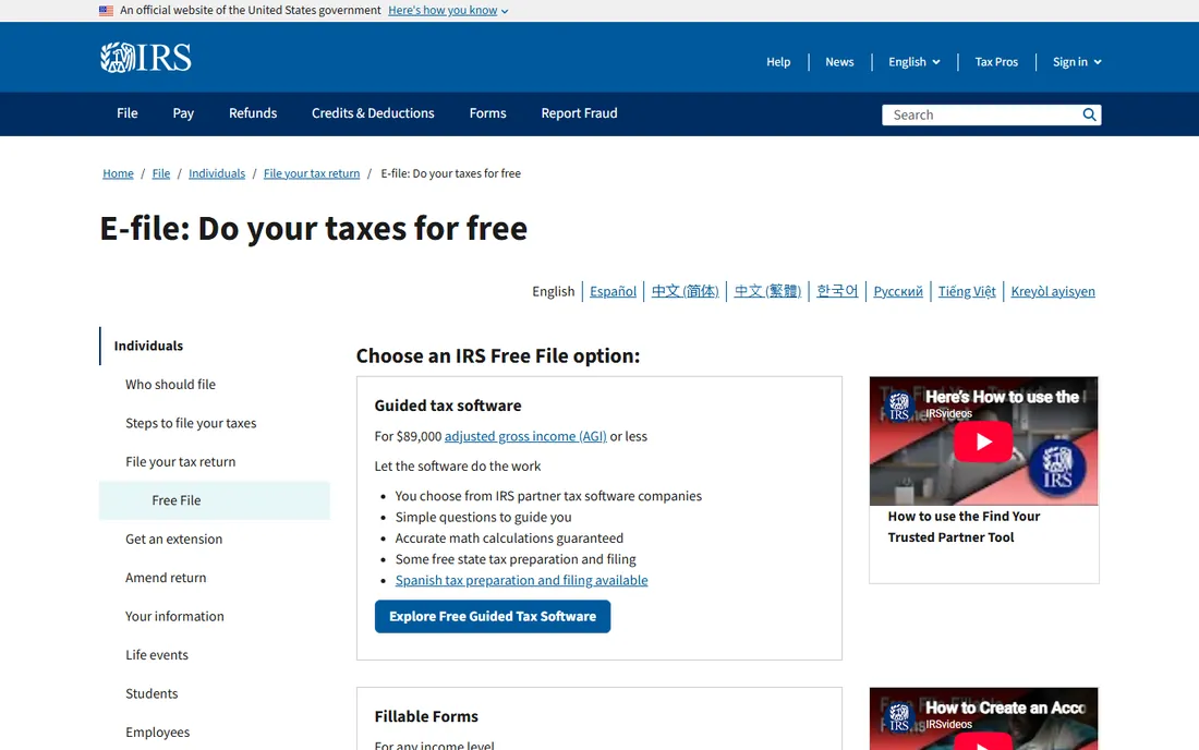 IRS Free File homepage