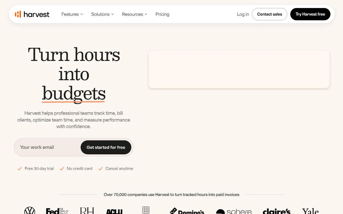 Harvest homepage