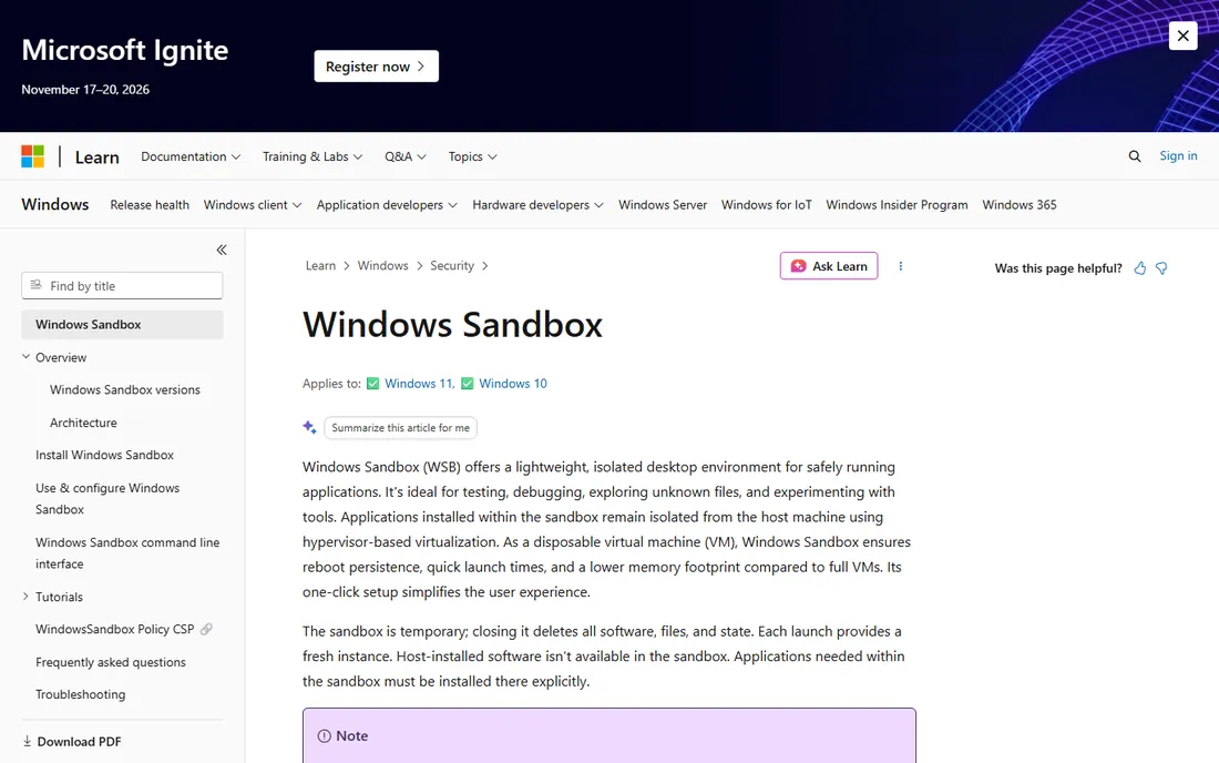 Windows Sandbox homepage