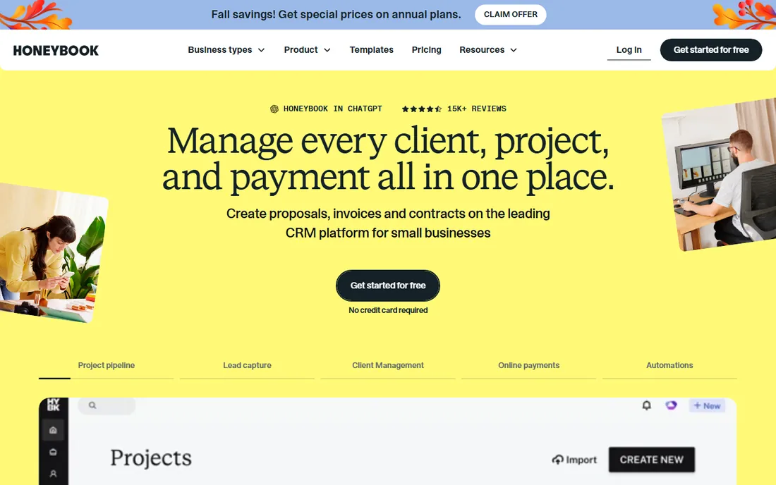 HoneyBook homepage