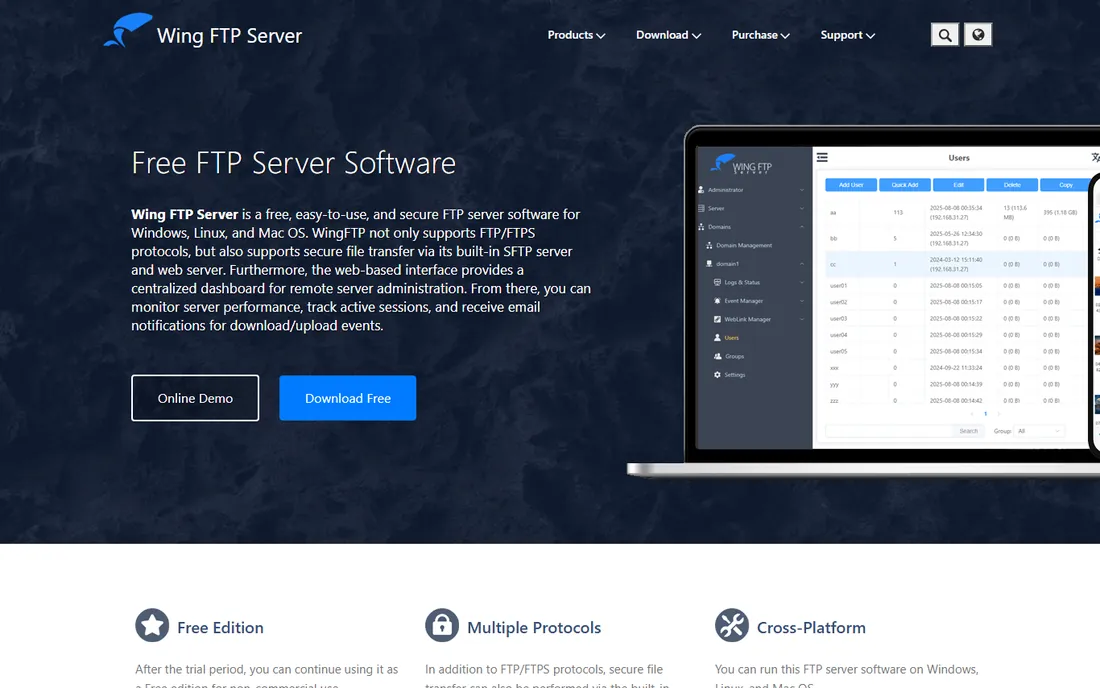Wing FTP Server homepage