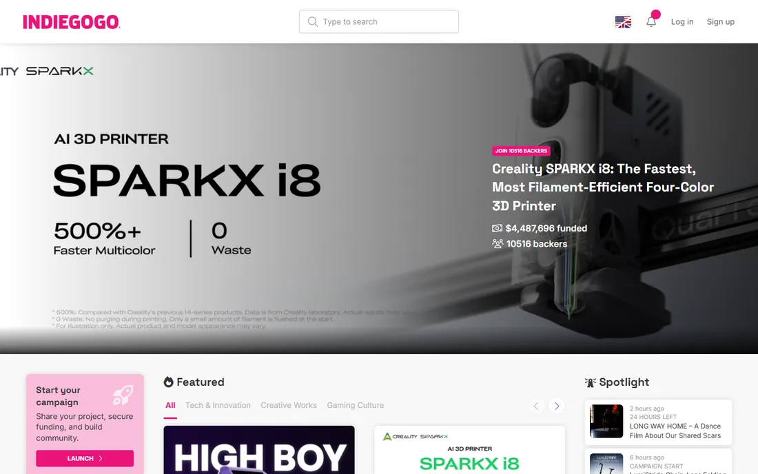 Indiegogo homepage