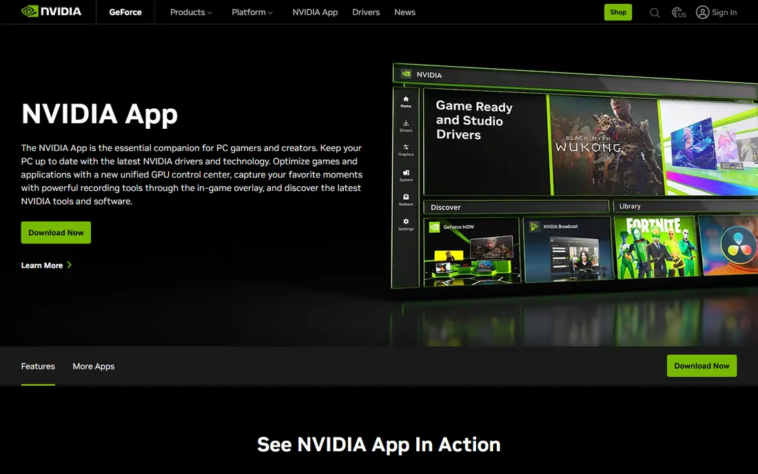 NVIDIA App homepage