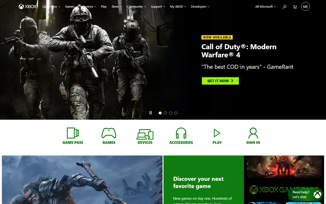 Microsoft Xbox homepage