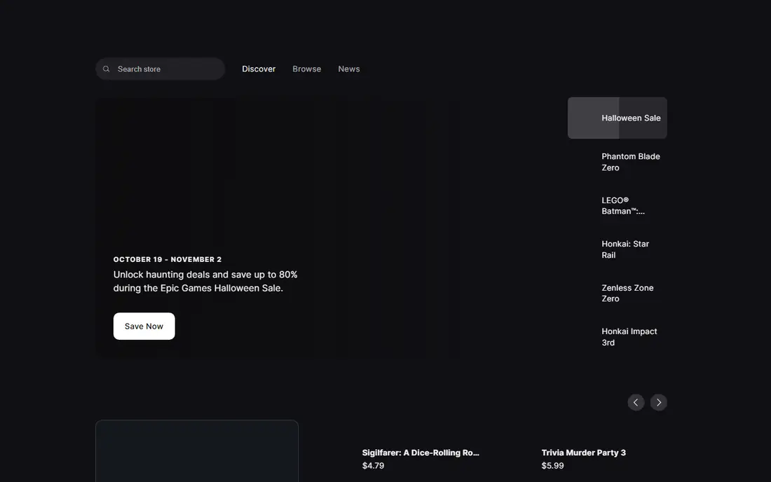 Epic Games Store homepage