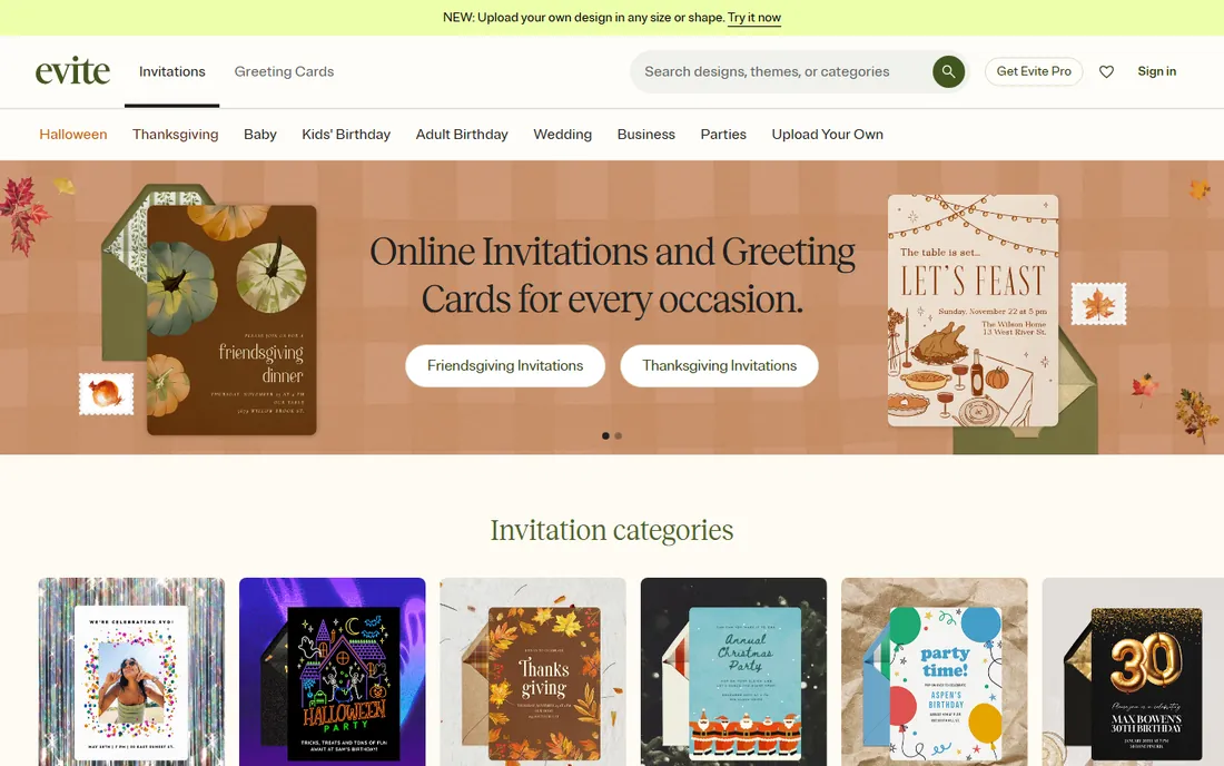 Evite homepage