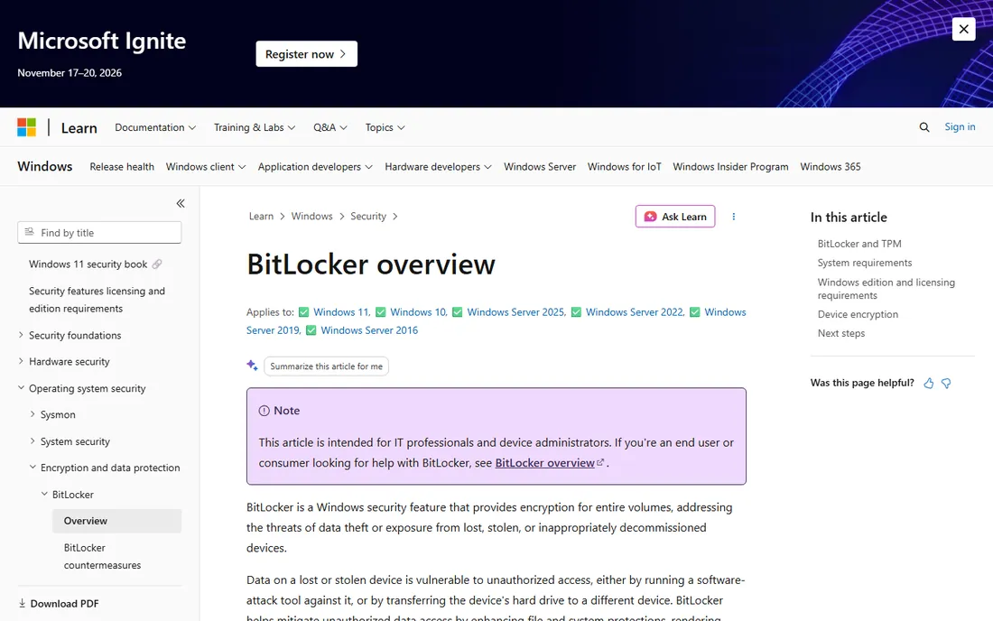 BitLocker homepage