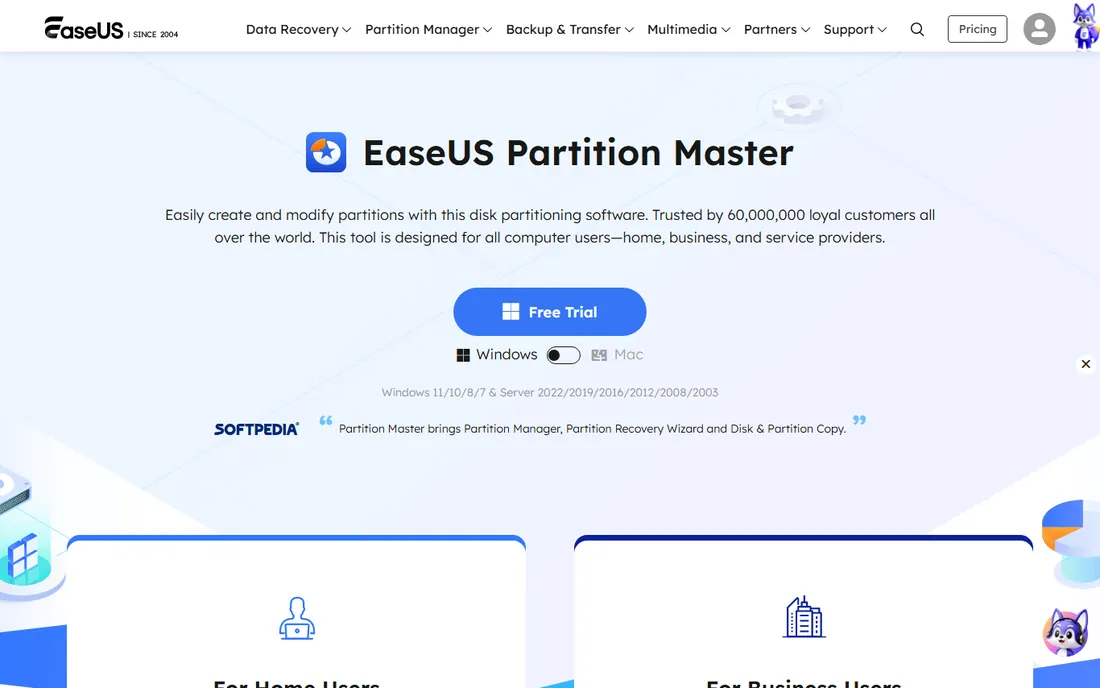 EaseUS Partition Master homepage