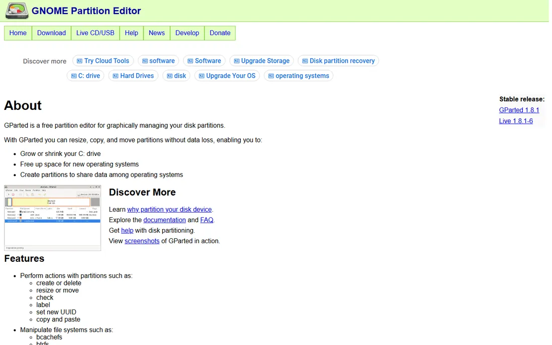 GParted homepage