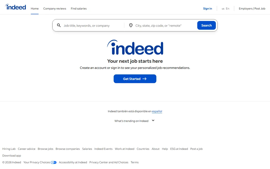 Indeed homepage