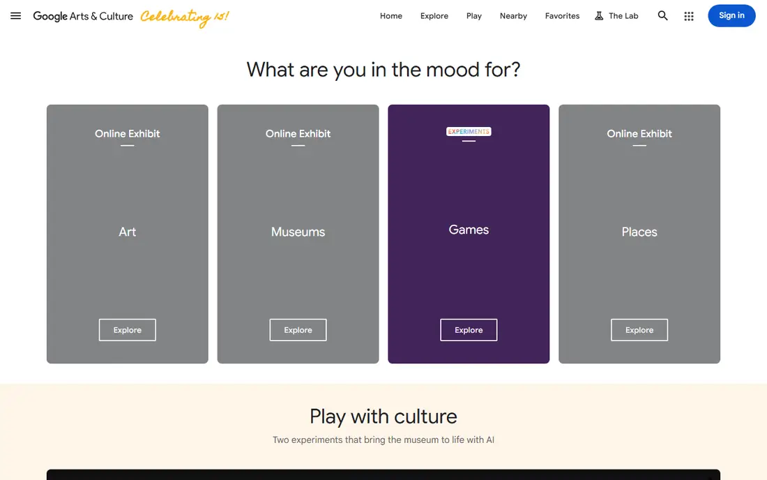 Google Arts and Culture homepage