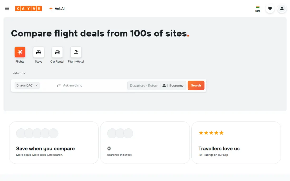 Kayak homepage