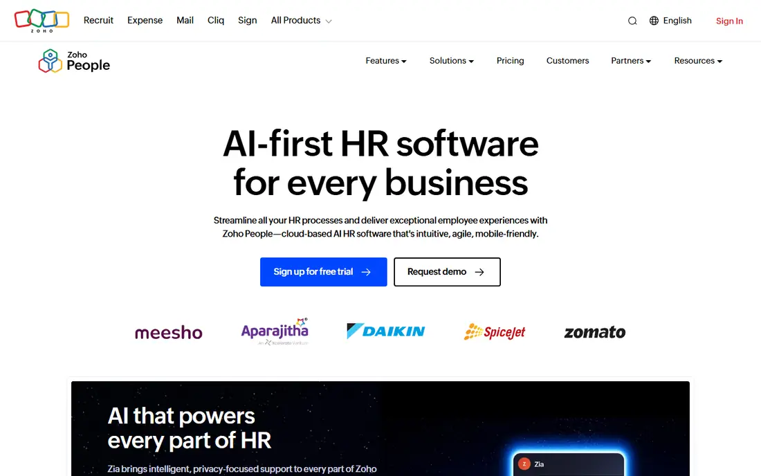 Zoho People homepage