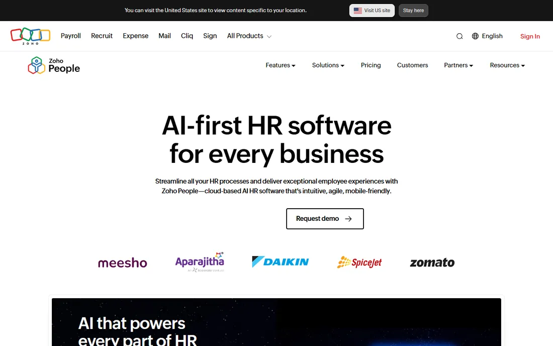 Zoho People homepage