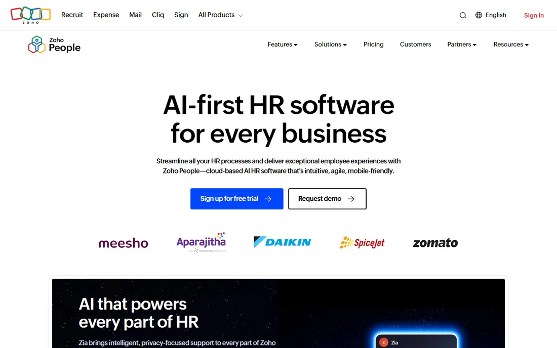 Zoho People homepage