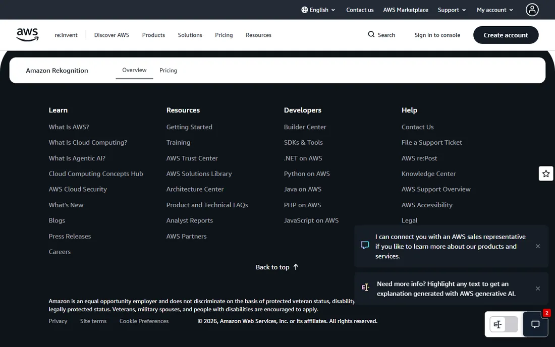 Amazon Rekognition homepage