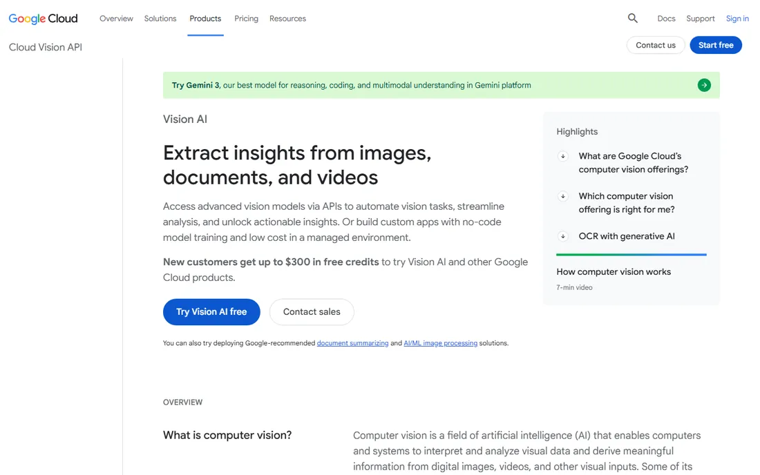 Google Cloud Vision AI homepage