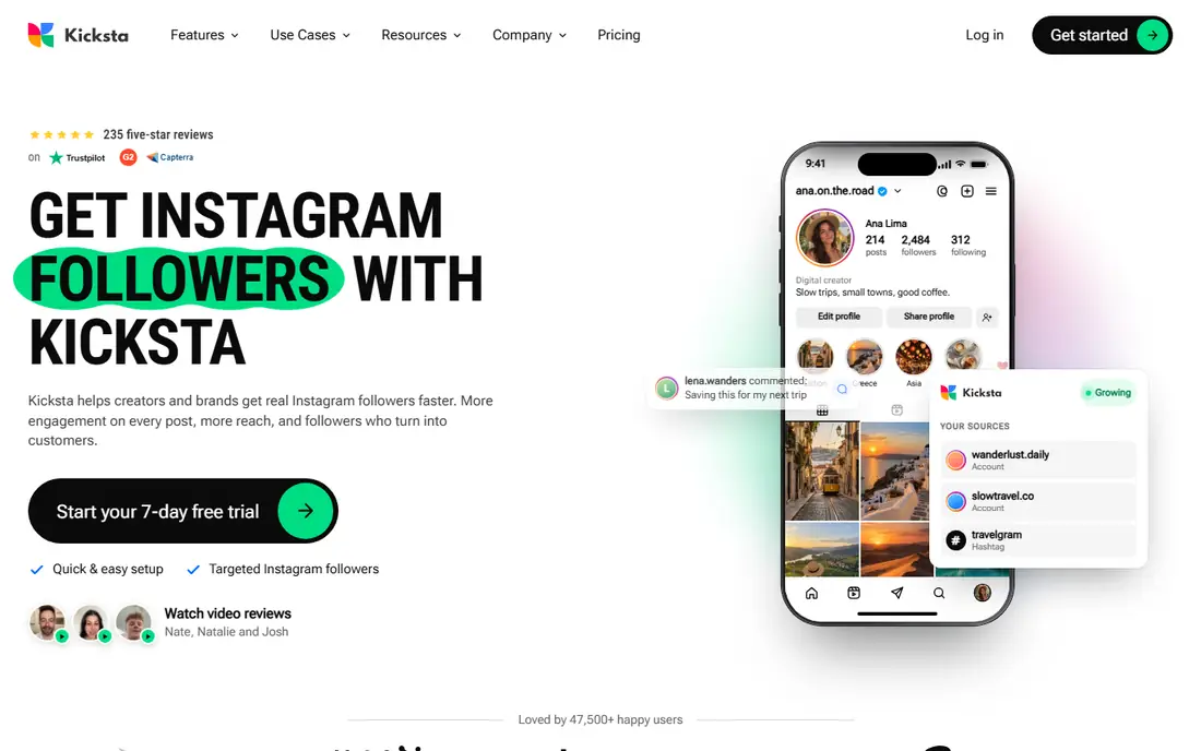 Kicksta homepage