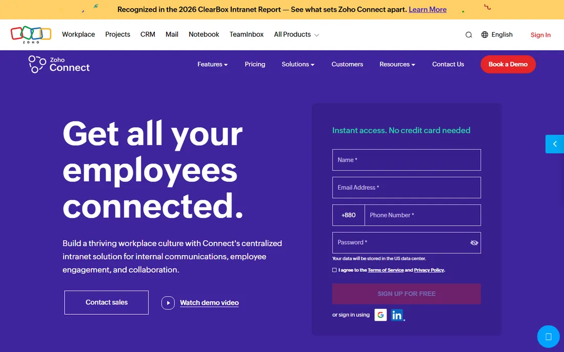 Zoho Connect homepage