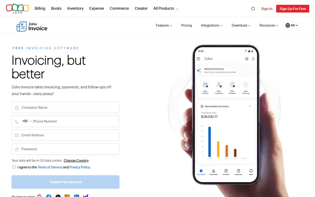 Zoho Invoice homepage