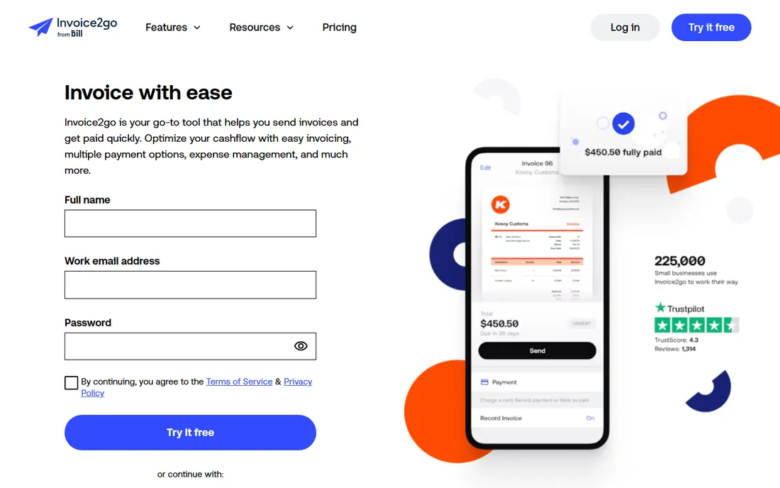 Invoice2go homepage