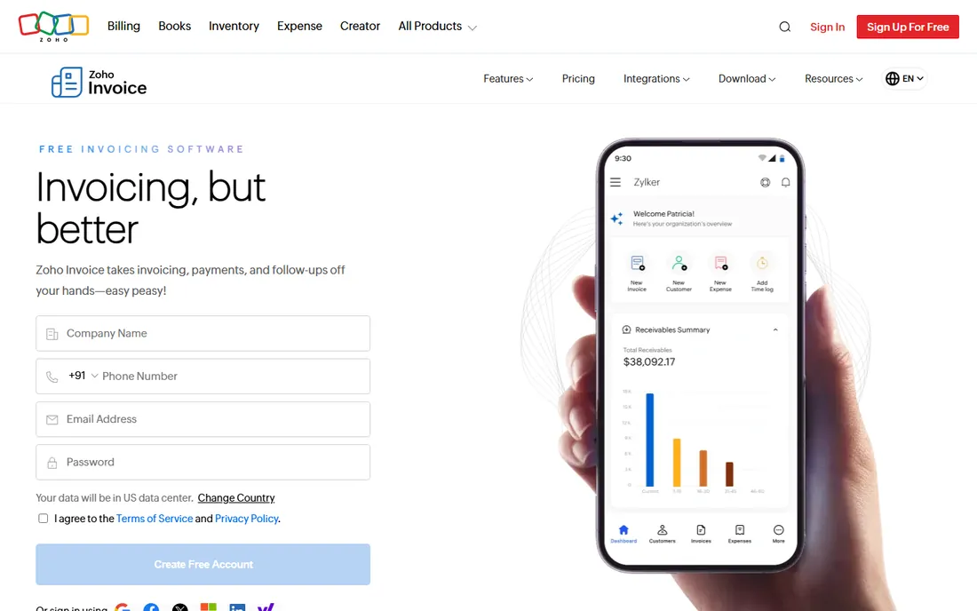 Zoho Invoice homepage