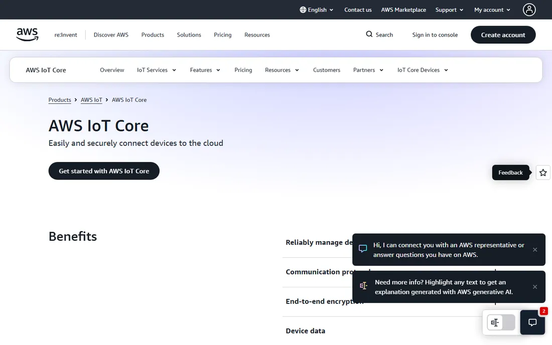 AWS IoT Core homepage