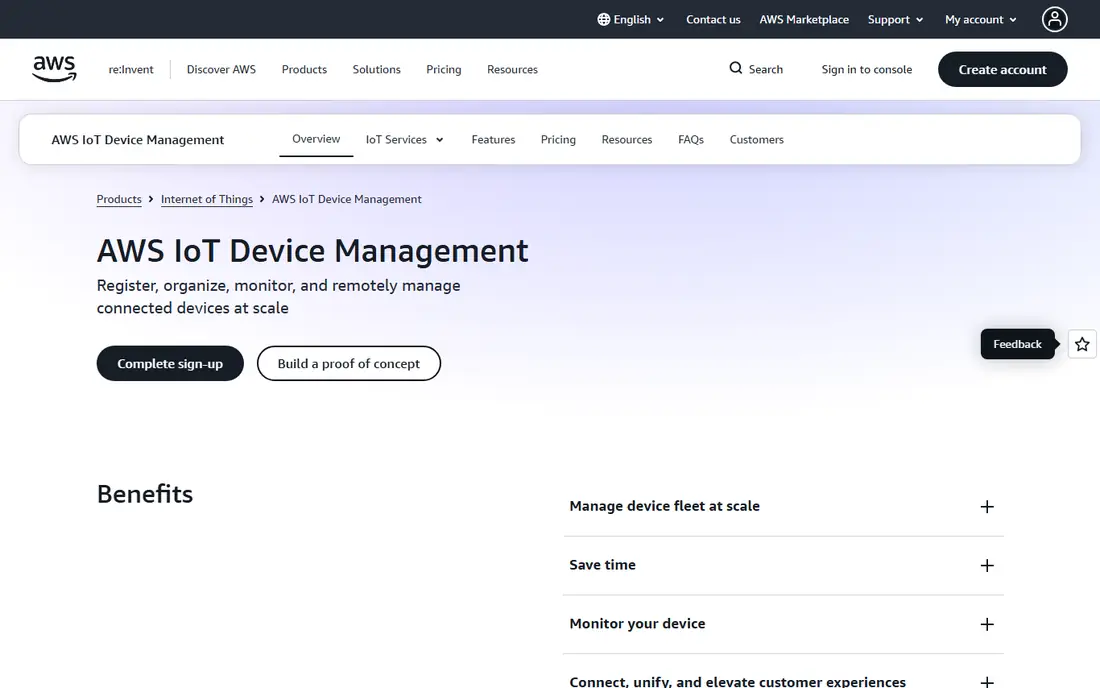 AWS IoT Device Management homepage