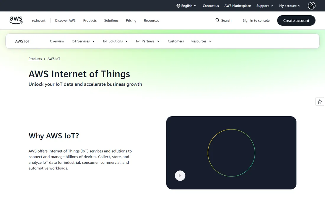 AWS IoT Core homepage
