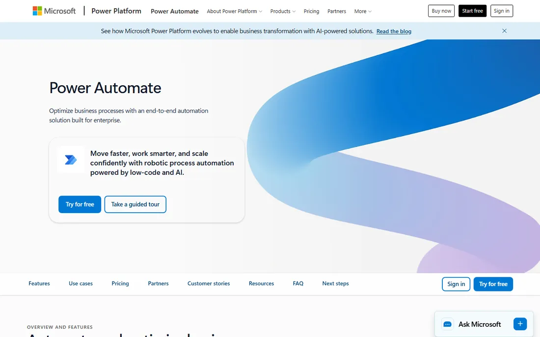 Microsoft Power Automate homepage