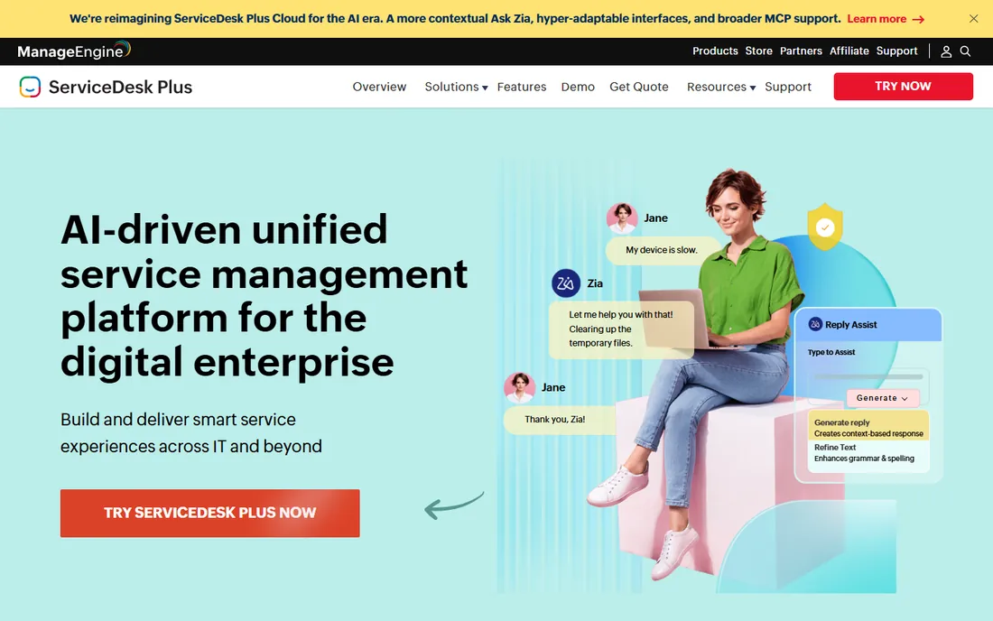 ManageEngine ServiceDesk Plus homepage