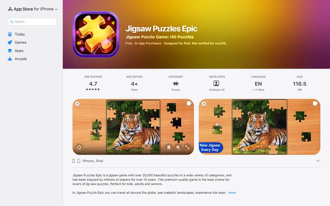 Jigsaw Puzzles Epic homepage