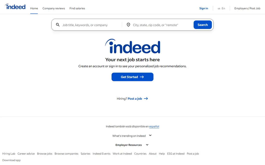 Indeed homepage
