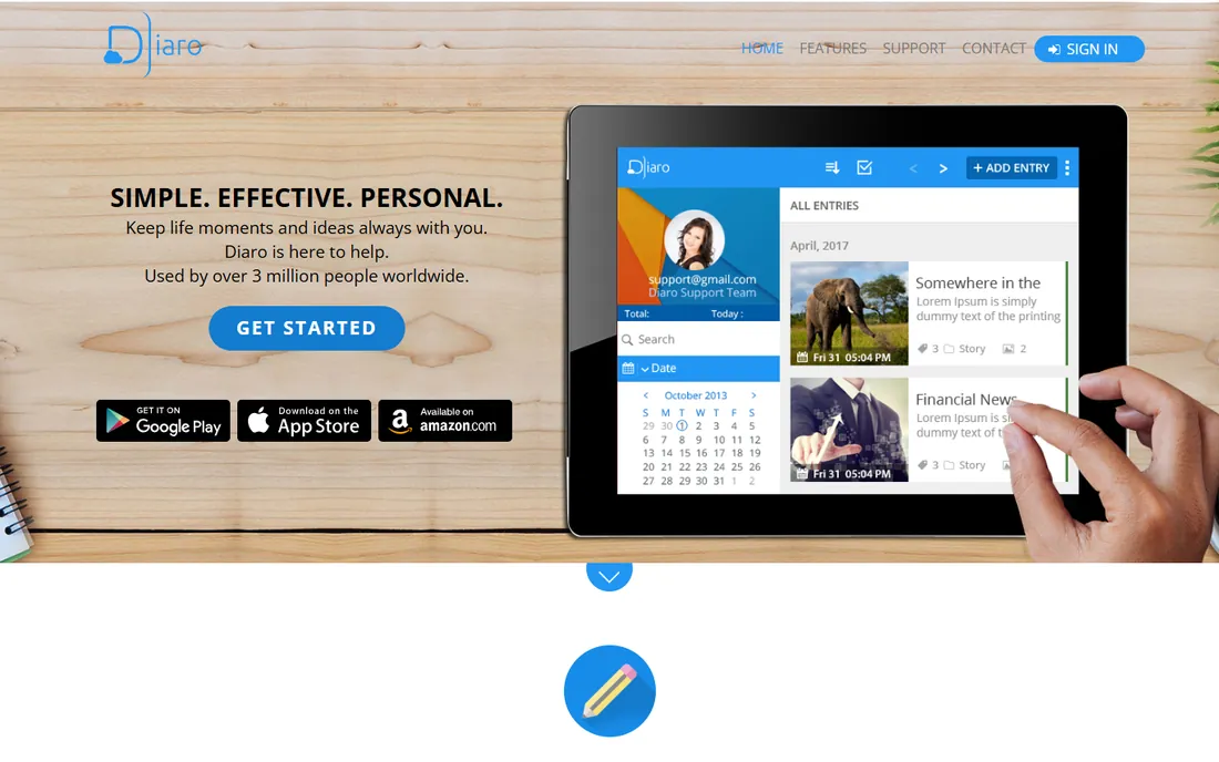 Diaro homepage