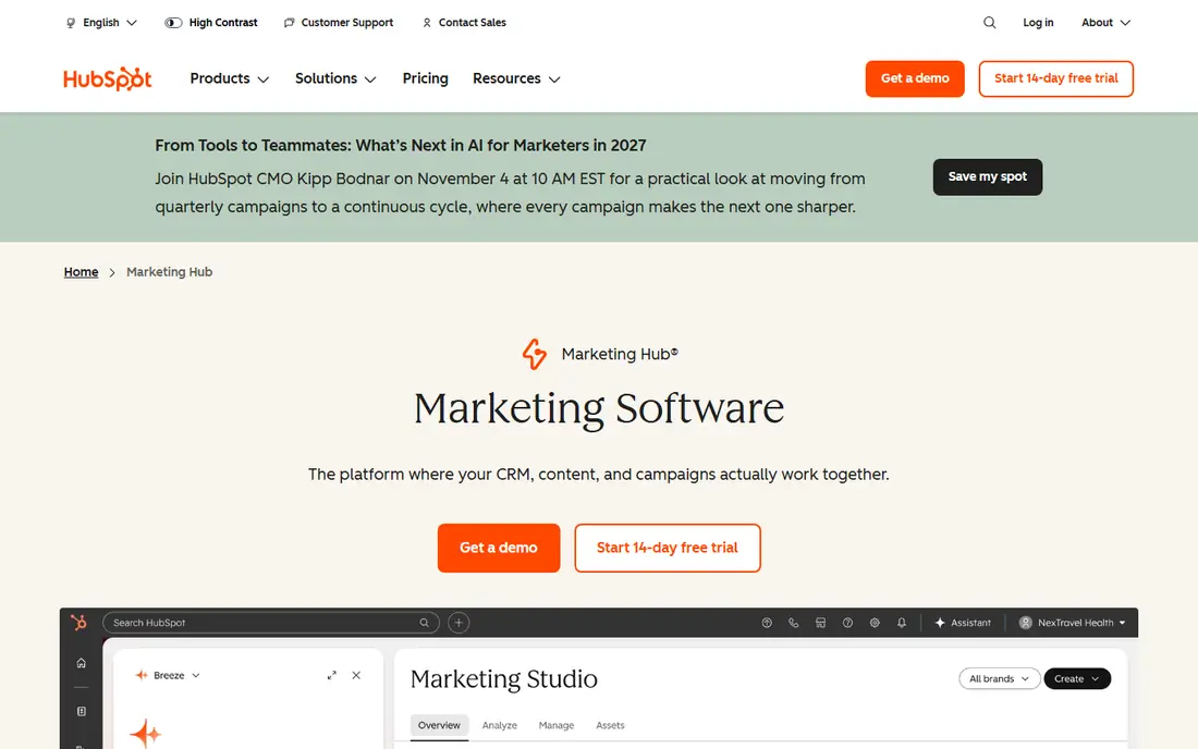 HubSpot Marketing Hub homepage