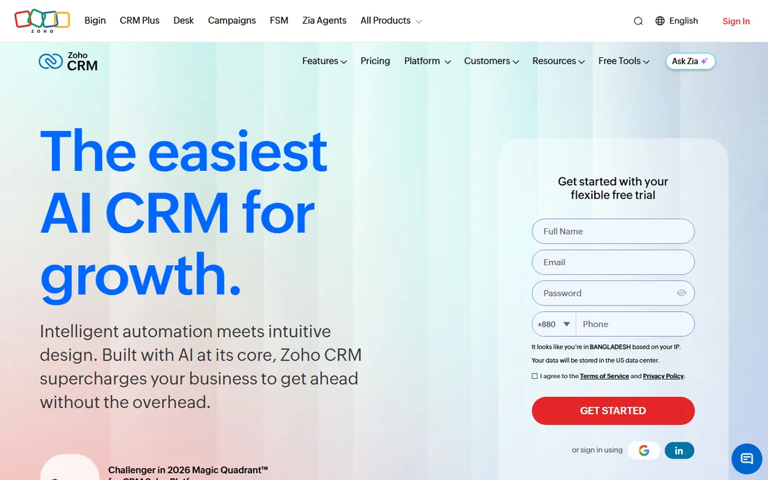 Zoho CRM homepage