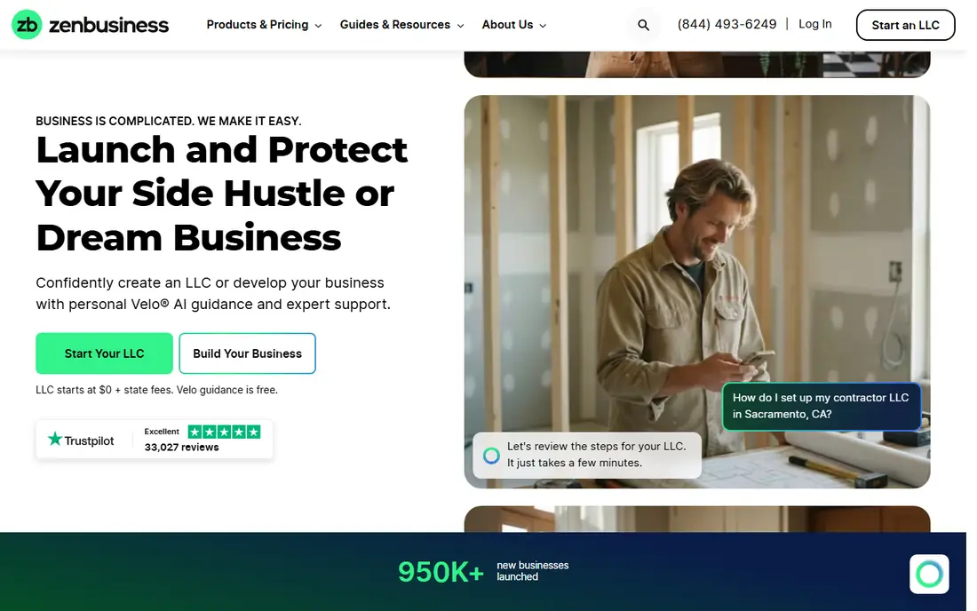 ZenBusiness homepage