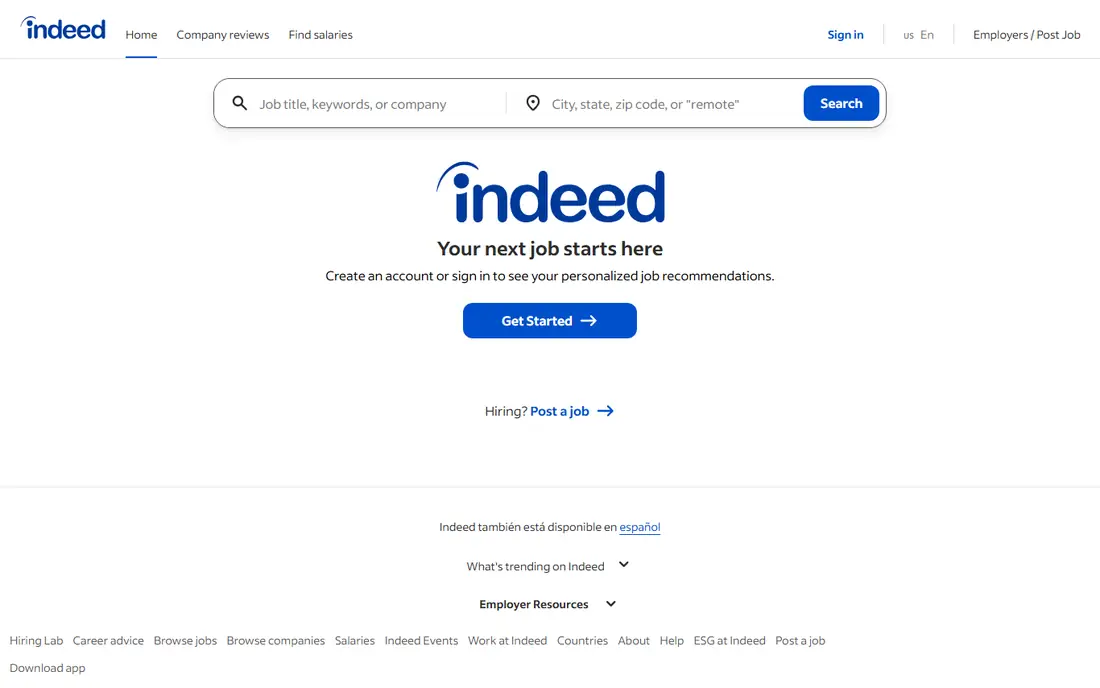 Indeed homepage