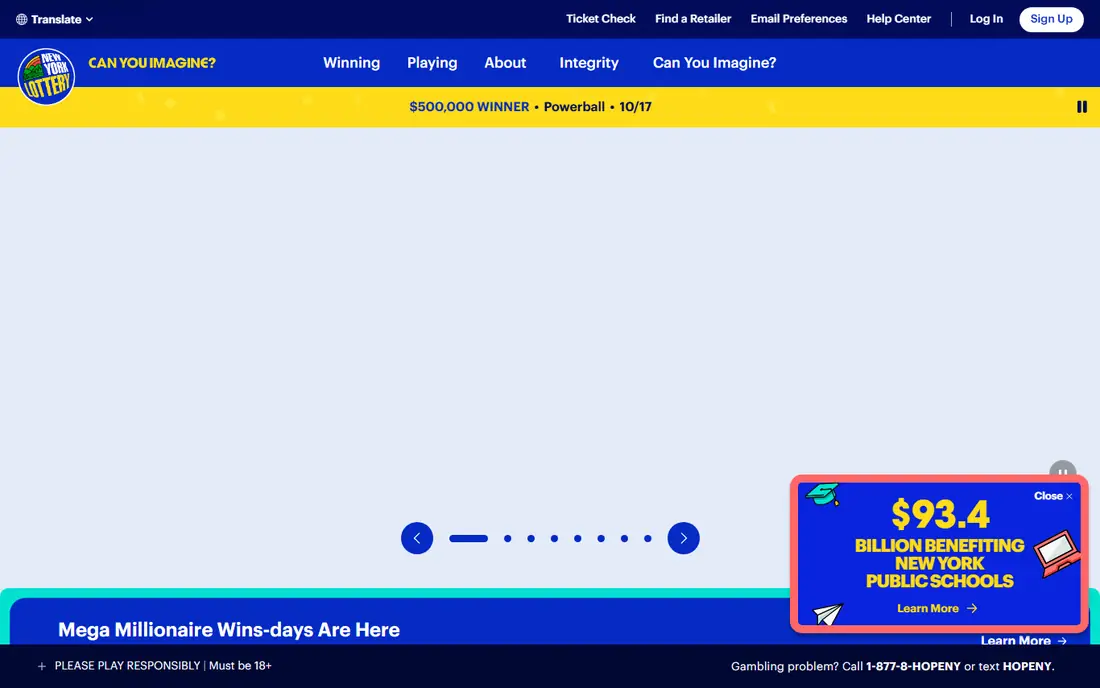 New York Lottery homepage
