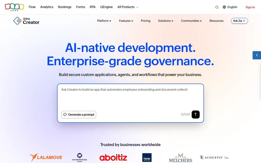 Zoho Creator homepage